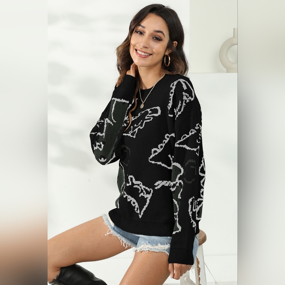 Knit Dinosaur Print Round Neck Long Sleeve Oversized Fun Pullover Sweater Shirt - Picture 5 of 9